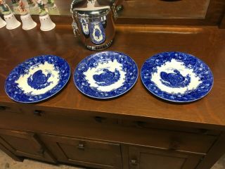 3 Antique Wedgwood Clytie Blue Scallop,  Embossed Flow Blue Turkey 10 " Dinner Pla