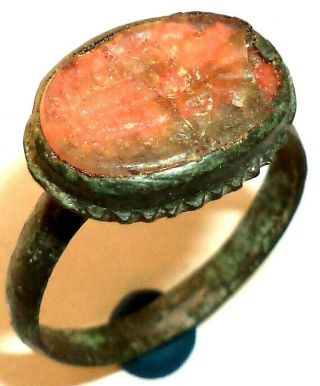 Ancient Medieval Bronze Finger Ring Seal With Stone.  (gem,  Glass)