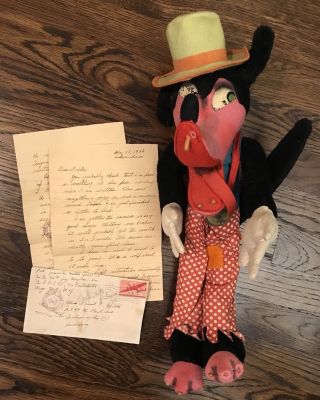 Antique Big Bad Wolf Disney 18” Doll W/ Tag & Ww2 Soldier Letter About Doll