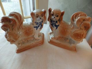 Antique Pair Staffordshire Spaniel Dogs W Blue Bows Figurines 1900 