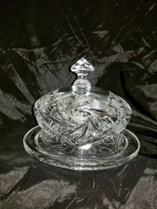 European Cut Glass Etched Crystal Dome w/plate Butter/Cheese Dish Stunning 2