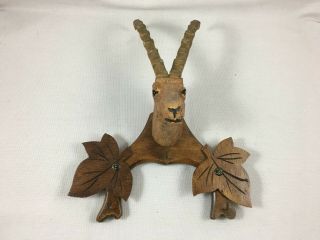 Vintage Carved Wood Keys Wall Holder Ibex Head Horns Deer Black Forest Style