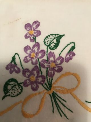 Handmade Antique Embroidered Purple Flowers Linen Pillowcase Set 1950’s