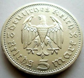 (942) Antique Wwii German 3rd Reich 1936 A 5 Reichsmark Silver Coin