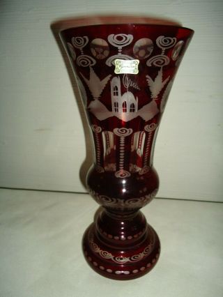 Antique Egermann Bohemian Czech 12 In Hi Ruby Glass Cut To Crystal Vase Set 2