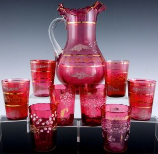 Victorian Enameled Cranberry Glass Lemonade Pitcher Set Extra Tumblers