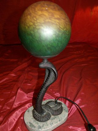 Vintg.  Edgar Brandt Style Art Deco Cast Iron Cobra Snake Table Lamp W/marble Base