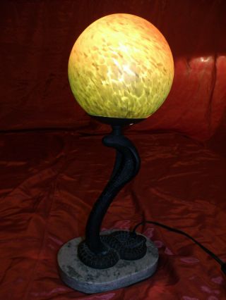 Vintg.  Edgar Brandt Style Art Deco Cast Iron Cobra Snake Table Lamp W/Marble Base 2