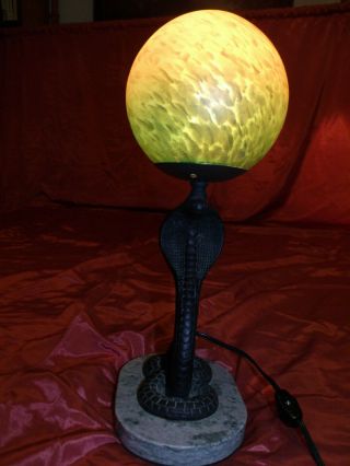 Vintg.  Edgar Brandt Style Art Deco Cast Iron Cobra Snake Table Lamp W/Marble Base 3