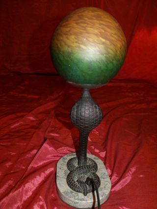 Vintg.  Edgar Brandt Style Art Deco Cast Iron Cobra Snake Table Lamp W/Marble Base 6