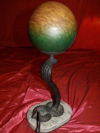 Vintg.  Edgar Brandt Style Art Deco Cast Iron Cobra Snake Table Lamp W/Marble Base 7