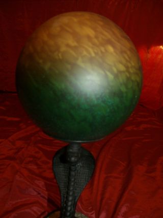 Vintg.  Edgar Brandt Style Art Deco Cast Iron Cobra Snake Table Lamp W/Marble Base 8