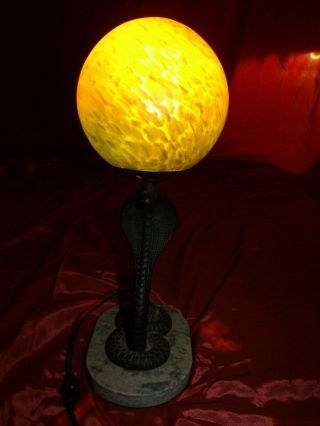 Vintg.  Edgar Brandt Style Art Deco Cast Iron Cobra Snake Table Lamp W/Marble Base 9