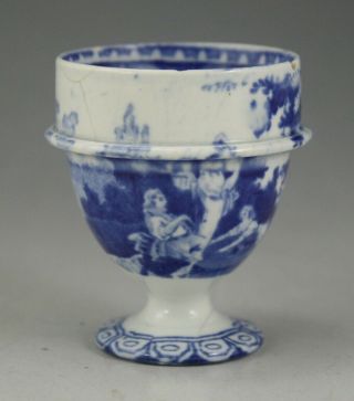 Antique Pottery Pearlware Blue Transfer Davenport Villagers Pattern Egg Cup 1825
