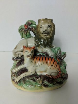 Antique Staffordshire Figural Group Lion And Tiger Pottery Figure Circa 1840 - 99