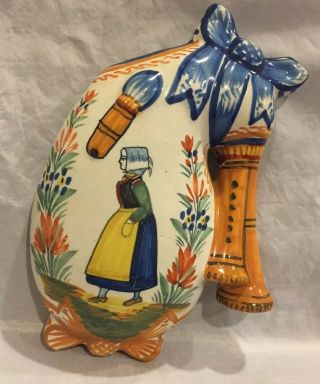 Antique Henriot Quimper Wall Pocket/vase Bagpipe French Faience Breton Woman