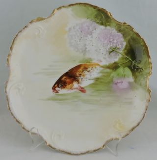 Antique Limoges Hand Painted Fish & Flowers Plate Signed,  Gold Rims,  Old