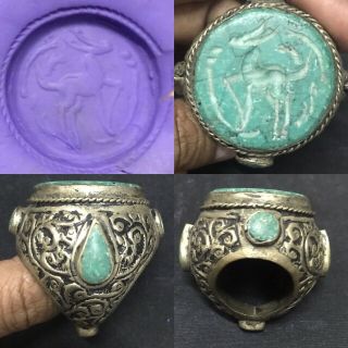 Huge Antique Roman Turquoise Seal Intaglio Old Ring Green Stone Silver 19