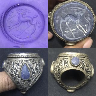 Huge Antique Roman Lapis Lazuli Seal Intaglio Old Ring Animal Stone Silver 18