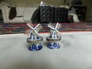 Sterling & Delf Painted Dutch Windmills Salt & Pepper Shakers About 2 In.  Tall
