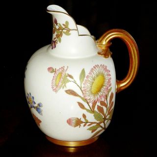 Antique Royal Worcester 7.  25 " Flat Back Jug/pitcher Floral W/ Gold Late 1800 