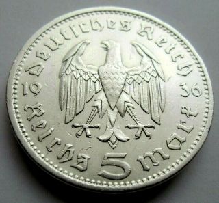 (862) Antique Wwii German 3rd Reich 1936 A 5 Reichsmark Silver Coin