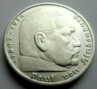 (862) ANTIQUE WWII German 3rd Reich 1936 A 5 Reichsmark Silver Coin 2