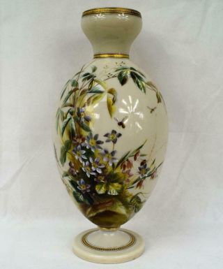 Victorian Antique Opaline Milk Glass Vase Enamel Hand Painted C1850 French