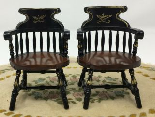 Vintage Dollhouse Miniature Wood Hand Painted Captain Chairs Furniture 2
