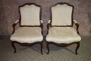 Vintage Carved Walnut Country French Style Bergere Chairs