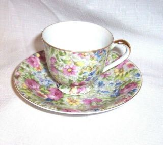 Antique Occupied Japan Merit China Demitasse Cup And Saucer Floral Chintz