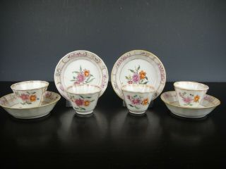 Set Of Four Chinese Porcelain Cups&saucers - Flowers - 18th C.  Qianlong
