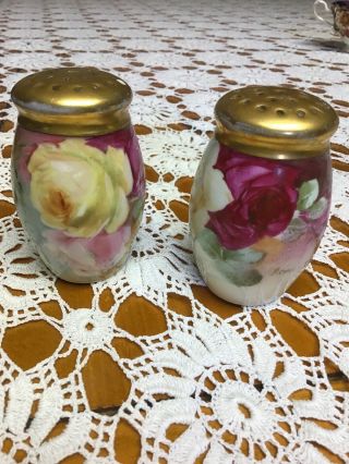 Vintage Antique Porcelain Salt Pepper Shakers Hanpainted Roses Austria