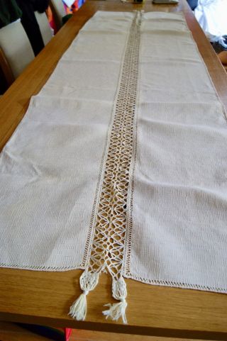 Vintage Large Yellow/cream Cotton Table Runner Bobbin Lace Inserts Tassels