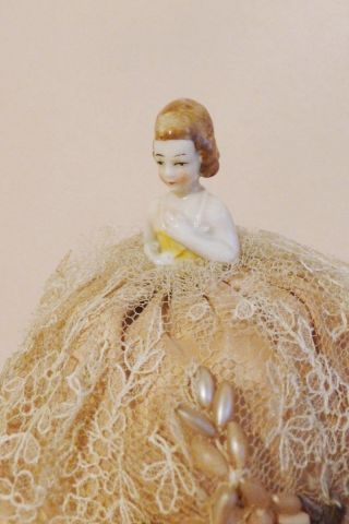 Antique German Half - Doll Pin Cushion Lace Beadwork