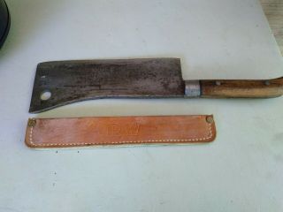Antique Meat Clever Butchers Knife Henry Boker With Handmade Leather Cover.