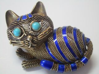Fine Old Silver Filigree Cat Kitten W Enamel Sculpture Vintage Antique Pin Mod