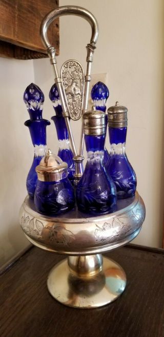 Victorian Glass Gorgeous Cobalt Blue Etched 6 Bottle Cruet Castor Condiment Set