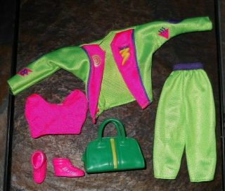 Barbie Doll Clothes - Vintage Green Shorts,  Pink Top,  Jacket,  Shoes,  Purse