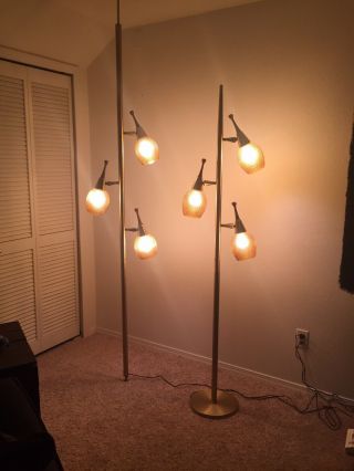 Mid Century Modern Tension Pole & Floor Lamp Set Amber Glass Hobnail Wood Brass