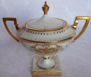 Antique Belleek Lenox Heavy Gold Encrusted Sugar Bowl Blue Beaded Floral Pattern