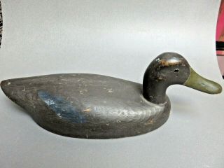 Vintage Hand Carved Wooden Duck Decoy Glass Eyes Blue Wings On Black Green Bill