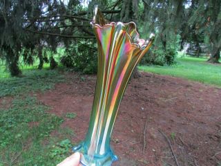 Northwood Four Pillars Antique Carnival Art Glass Vase Aqua Rare & Gorgeous