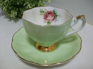 Vintage Queen Anne Green Rose Gold Trim Teacup & Saucer England Tea Cup