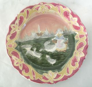 Rare Antique Majolica Plate Geese Young Dutch Girl Basket Buildings