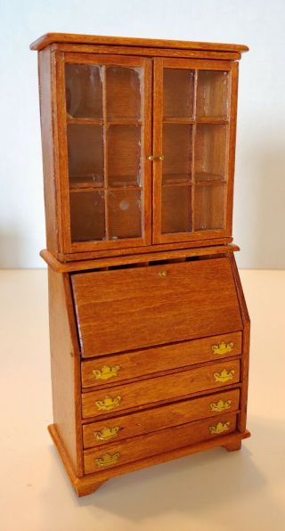 Vintage Doll House Miniature Wood Secretary Desk W/ Pencils & Paper Inside 1/12