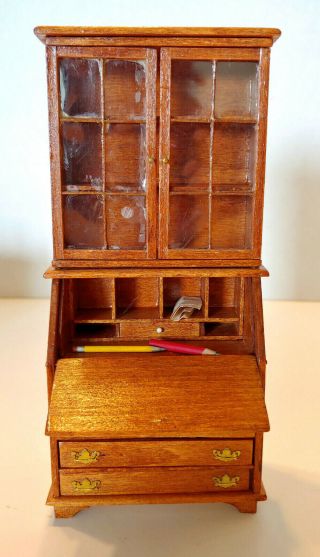 Vintage Doll House Miniature Wood Secretary Desk w/ Pencils & Paper Inside 1/12 2