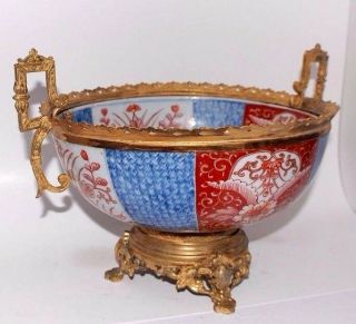 19c Antique Japanese Imari Bowl Centerpiece Bronze Mount Porcelain
