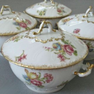 4 Antique Limoges Porcelain Covered Bouillon Bowls Colorful Flowers W Gilt Trim
