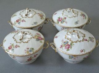 4 Antique LIMOGES Porcelain Covered Bouillon BOWLS Colorful FLOWERS w GILT Trim 2